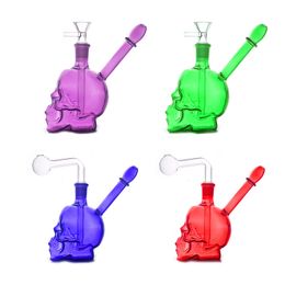 Multi Colour Mini Glass Oil Burner Bong Skull Shaped Hookahs Shisha Creative Smoking Water Pipe Mini Bubbler Dab Rigs for Smoking with Downstem Oil Burner Pipe