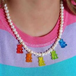 Beaded Necklaces Y2k White Imitation Pearl Cartoon Bear Choker Necklace for Women Cz Gummy Pendant String Beads Jewely 230613