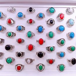 Band Rings New 30Pcs/Pack Turquoise Band Rings Mens Womens Fashion Jewellery Antique Sier Vintage Natural Stone Ring Party Gifts D1