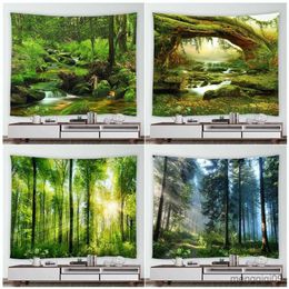 Tapestries Home Decoration Country Nature Landscape Wall Hanging Fog Tree Waterfall Landscape Tapestry Mural Green Forest Tapestry 230x180 R230710