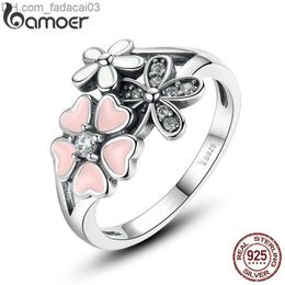 Wedding Rings BAMOER Fashion 925 Sterling Silver Pink Flower Poetic Daisy Cherry Blossom Ring for Women #6 7 8 9 Size Jewellery SCR004 Z230712