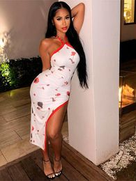 Casual Dresses 2023 Summer Outfits Bodycon Sexy Print Dress Women Sleeveless White Party Club Yellow Side Slit Maxi For