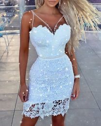 Urban Sexy Dresse Spring Summer Sleeveless Mini Dress High Waist White Lace Evening Party V Neck 230707