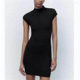 Casual Dresses Mini For Women 2023 Summer Knitted Dress Sexy Vintage Clothes Black Short Sleeve Turtleneck Pink Bodycon