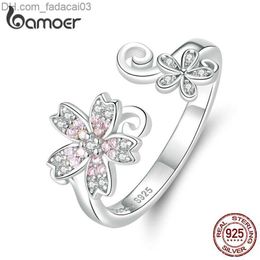 Wedding Rings Bamoer Sterling Silver 925 Pink Cherry Blossom Open Adjustable Finger Ring Women's Romantic Wedding Jewellery BSR086 Z230711