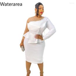 Casual Dresses Waterarea Mesh Long Sleeve Beaded Ruched High Waist Midi Dress For Women African Elegant Vintage Summer Black