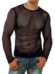 Men's T Shirts Men Fishnet Hollow-Out T-Shirt Long Sleeve Crew Neck Muscle See-Through Tops Summer Personality Tight