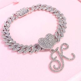 Anklets 14mm Crystal Heart 26 Initial Cursive for Women Hip Hop Iced Out Prong Cuban Link Chain Anklet Bracelet Leg Foot Jewellery 230607