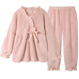 Women's Sleepwear Pink Coral Velvet Winter Pyjamas Sets 2PCS Long Pants Pyjamas Suits Intimate Warm Nightwear V-neck Robe Waistband Lace