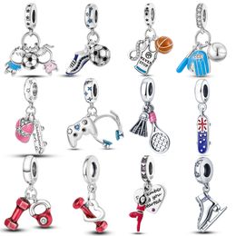 925 Sterling Silver New Fashion Women Pandora Charm Beads World Football Games Football Dumbbell Yoga Suitable for Bracelets and Bracelets