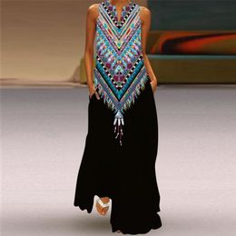 Basic Casual Dresses Bohemian Printed Long Dress Women Vintage Sleeveless V-Neck Maxi Dresses Ladies Casual Pocket Beach Party Dress Vestidos Clothes 230710