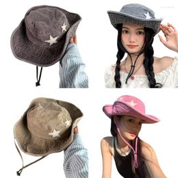 Berets Sweet Cowgirl Hat With Stitch Star Pattern Teens Wedding Po Summer Outdoor Woman Large Brim Sun-protection