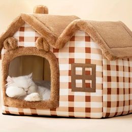 Large Capacity Double Roof Dog House Cat Nest With Removable Cushion Waterproof Bottom, Foldable Warm Plush Soft Kennel Bed Indoor