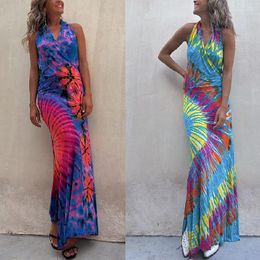 Casual Dresses Sexy Backless Halter Print Long Bodycon Dress Women 2023 Summer Boho Holiday V-neck Sleevless For Sundress