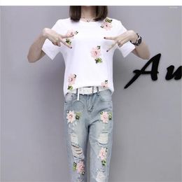 Women's Two Piece Pants 2023 Summer Jeans Suit Women Embroidered Flower T-shirt Hole Denim Two-Piece Set 3XL Ladies Fashion Casual 2PCS