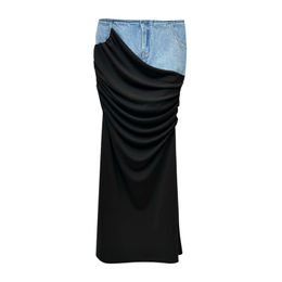Dresses Getspring Women Skirt 2023 Spring Denim Skirts Ed Black Pleated Long Skirt High Waist Wrap Hip Asymmetrical New Arrival
