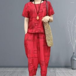 Women's Two Piece Pants 2 Pcs/Set Women T-shirt Set Elastic Waist Geometric Print Loose Color Matching Plus Size Summer Cooling Suit Female