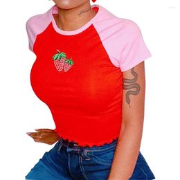 Active Shirts Women Gym Top Sexy Strawberry Printed Lace Up Hem Short Sleeve Crop Fashion Slim Tees Sport Tops Yoga Shirt Fitness