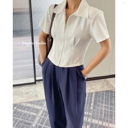 Women's Blouses Shirts Women Top 2023 Korea Stylish Vintage Short Sleeve Oversized Summer Elegant White Linen Cropped Chic Cardigan