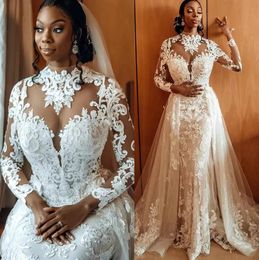 Arabic Style Full Lace A Line Wedding Dresses 2023 With Long Sleeves Plus Size Bridal Party Gowns With Detachable Train Robe