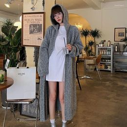 Women's Knits Winter Cashmere Sweater Knitted Casual Long Style Cardigan Women Hooded Open Stitch Soft Female Sleeve T336