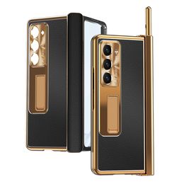 Plating Leather Cases For Samsung Galaxy Z Fold 5 Case Pen Slots Hinge Protective Film Cover