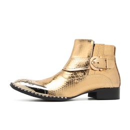 Italian Men Ankle Boots Gold Genuine Leather Chelsea Shoes Snake Skin Metal Square Toe Formal Dress Boots Man Botas Hombre