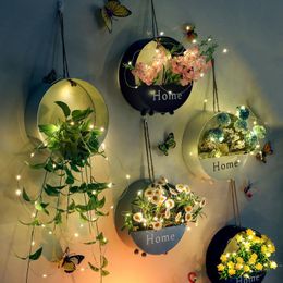 Novelty Items Nordic Wall Hanging Flower Pot With Light Artificial Flowers Fake Planter Garden Vine Plants Holder Living Room Decoration 230710
