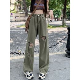 Streetwear Women Hole Do Old Y2k Jeans Spring New Korean Fashion Army Green Pants Vintage High Waist Loose Wide Leg