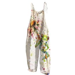 Suits Haruku Fashion Wideleg Jumpsuit Linen Baggy Pants Casual Printing Vintage Jump Suit Onepiece Women Summer Oversize Jumpsuits