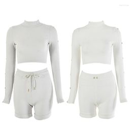 Work Dresses Women Ribbed Knit 2 Piece Outfits Set Long Sleeve Turtleneck Crop Top Drawstring Rolled Biker Shorts Solid Tracksuit N7YE