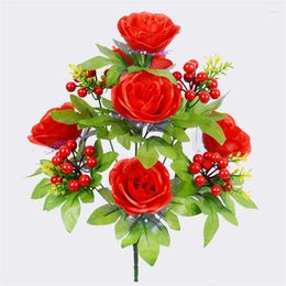 Decorative Flowers Artificial Bouquet 6 Rose With 5 Small Red Fruits Fake Flower Home Decor For DIY Wedding Garden Decoration