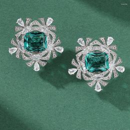 Stud Earrings Vinatge Big Square Lake Green/blue Colour Cubic Zircon Stone Flower Party Jewellery Wholesale