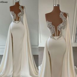 Unique Designer Pearls Beading Mermaid Wedding Dresses Dubai Arabic One Shoulder Long Wrap Peplum Bridal Gowns Elegant Satin Side Split Vestidos De Novia CL2589