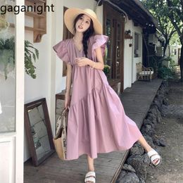 Casual Dresses Gaganight Women French Small Sleeved Dress 2023 Summer Gentle High Waisted Purple Vacation A Line Long Female