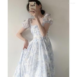 Casual Dresses Backless Dress For Women 2023 Fashion Summer French Style Sweet Square Collar Lace-up Elegant Vintage Midi