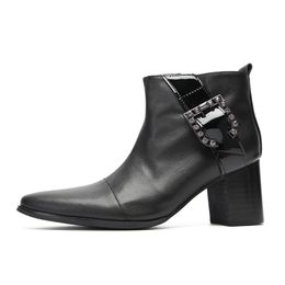 Men Chelsea Cowboy Boots Black Genuine Leather High Heels Zipper Buckle Dress Wedding Shoes Man Zapatos Para Hombres
