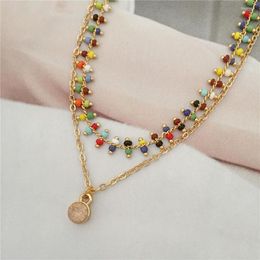 Pendant Necklaces Boho Summer Beach Chic Women Necklace Gold Colour Chain Colourful Bead Strand Layered Peach Stone