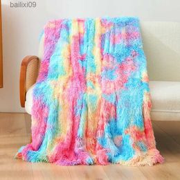 Blankets Cozy Fur Flannel Blanket Fluffy Shaggy Super Soft Warm Sofa Throw Tie-dyed Travelling Fleece Rainbow Blankets Bedspread Blanket T230710