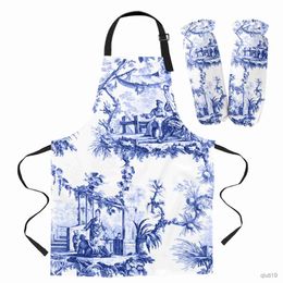 Kitchen Apron Blue Toile Apron Kitchen Household Cleaning Baking Accessories Cooking Apron Kitchen Aprons for Woman R230710