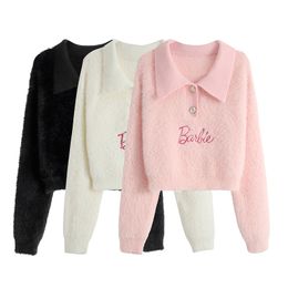 Women s Sweaters POLO Collar Embroidery Letter Solid Fleece Shirt Sweater Womens Spring Autumn College Style Vintage Long sleeved Pullover Female 230707