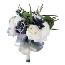 Decorative Flowers Wedding Bride Bouquets With Silk Ribbon Artificial Bridal Bouquet For Po Prop Party