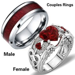 Amvie Wedding Rings Couple Vintage Stainless Steel Men Ring Romantic Heart Zircon Ring Set Bridal Engagement Gift