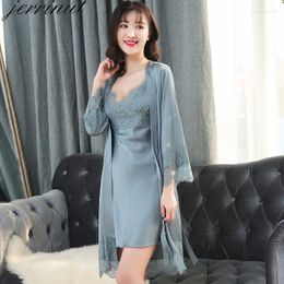 Women's Sleepwear Jerrinut Silk Stain Robe Nightgown Summer Lace Night Dress Nightie Homewear M L XL 2XL Lingerie Bathrobe Gown