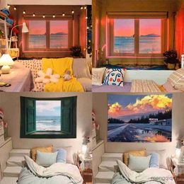 Tapestries Customizable Landscape Background Fabric Room Bedroom Bedside Decoration Hanging Wall Cloth Sunset Glow Window Tapestry R230710