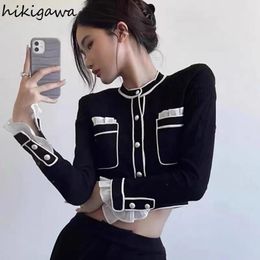 Sweaters Y2k Tops Cropped Cardigan Jackets 2023 Women Clothes Oneck Long Sleeve Ruffles Sueter Mujer Korean Temperament Sweater Top