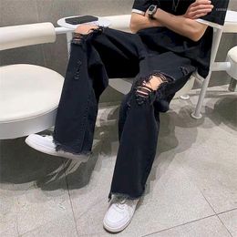 Men's Jeans Foufurieux Ripped Men Fashion Vintage Streetwear Blue Man Straight Loose Denim Wide Leg HIP HOP Clothing