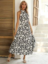 Casual Dresses Women Spring Summer Sweet Long Dress Office Lady Elegant Sleeveless Pullover Bodycon Halter Floral Print Splice Maxi 2023