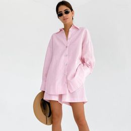Women's Sleepwear Pink Long Sleeve Woman Cotton Single-Breasted Pajama Shorts 2 Pieces Sets Lapel Casual Nightwear Ladies Home Wear