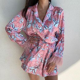 Women's Sleepwear 2023 Summer Fashion Style Printed Ostrich Hair Pyjamas Long Sleeve Shorts Can Be Outworn Home Fur Thin Female